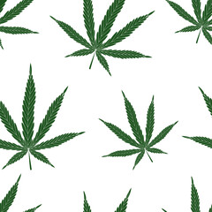 Cannabis leaves, marijuana. Seamless vector pattern. Two-color hand drawing on a white background.