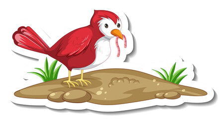 Sticker template with a red bird eating worm on white background