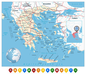 Greece Map and Colorful Map Markers