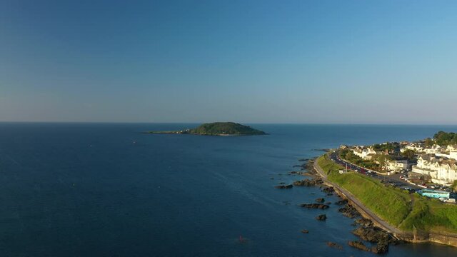 4K: Aerial Drone Video flying towards Looe Island (st. George's) in Cornwall, England, UK. Morning in Summer Stock Video Clip Footage