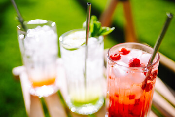 Alcoholic and non-alcoholic summer drinks with ice cubes of lemon, lime, fruits and mint. Summer holiday tropical concept.