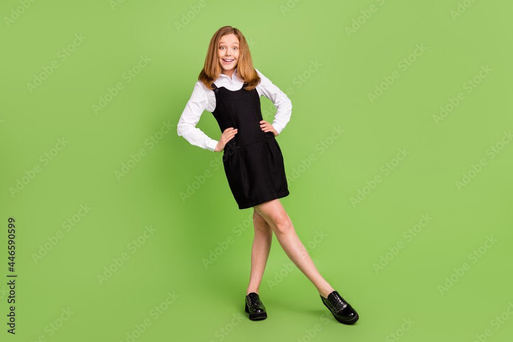 Poster Full length body size view of attractive cheerful amazed girl posing walk isolated over green color background