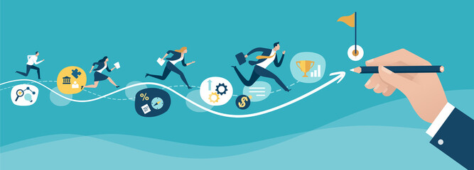 Path to the goal. Businessman‘s hand draws a line leading to the goal. Business vector concept illustration