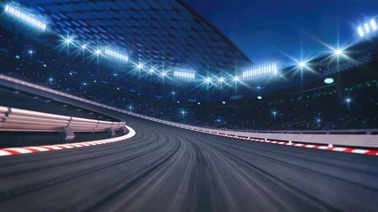 Papier Peint photo F1 Piste de course asphaltée incurvée et stade de course illuminé la nuit. Illustration 3d numérique professionnelle des sports de course.