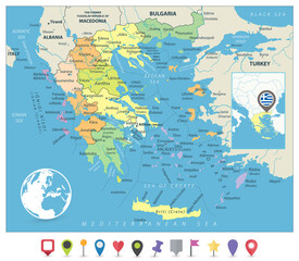Fototapeta na wymiar Greece Political Map and Flat Map Markers