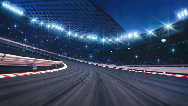 Curved asphalt racing track and illuminated race sport stadium at night. Professional digital 3d illustration of racing sports.	