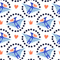 Vector illustration of seamless pattern with dinosaur..Blue dino in a graphic frame on a white background. For printing on fabric and boomeg. To decorate the nursery. Hand drawn