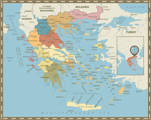 Greece Political Map Vintage Colors