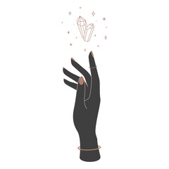 Mystical magic crystal over woman hand silhouette. Spiritual elegant symbol for branding name logo. Esoteric celestial Vector illustration