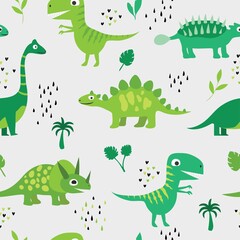 Cute seamless pattern with cute dinosaurs, palm trees, leaves. Children's vector illustration in the hand-drawn style. children's background for fabric