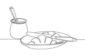 Continuous one line of breakfast in silhouette on a white background. Linear stylized.Minimalist.