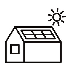 ソーラーパネル設置の家の白黒細線アイコン/白背景