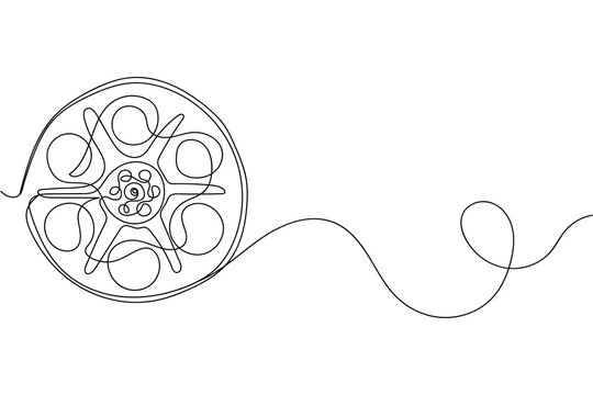 Continuous one line of reel of mm motion picture film in silhouette on a white background. Linear stylized.Minimalist.