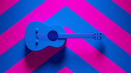 Blue Guitar Acoustic Strings Old Retro Audio Music with Pink an Blue Chevron Pattern Background 3d illustration render	