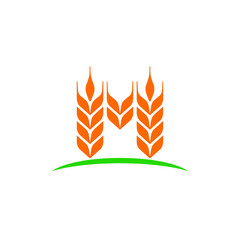 Letter M and Wheat Grain Symbol. Nature Food logo Design. Vector Illustration. - obrazy, fototapety, plakaty