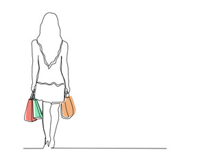 Continuous line drawing of young woman holding shopping bag. People lifestyle illustration concept with editable stroke.