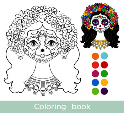Coloring book page. Catrina Dia de los muertos. Day of the dead Woman make up of sugar skull isolated contour. For coloring book page. Cartoon kids coloring bookChildren game.Calavera Catrina isolated