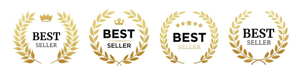 Set of badge best seller, best choice, best price, best quality. Gold logo design with wreath laurel. Vector illustration - obrazy, fototapety, plakaty