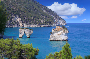 Fototapeta na wymiar The most beautiful coasts of Italy: Zagare Bay in Apulia. Two sea stacks come out amid the green emerald shades of the sea, not far away from the shore located in the southern coast of Gargano.