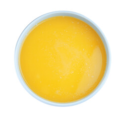 Bowl of Ghee butter isolated on white, top view