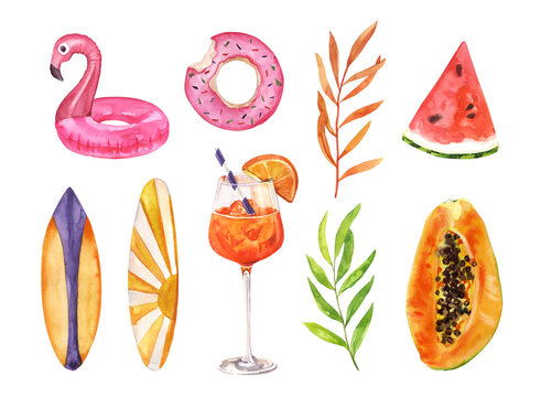 Watercolor hand painted summer vibes exotic fruits, beach floats and spritz cocktails illustration set isolated on white background 