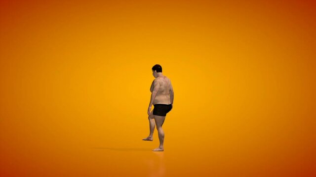 Fat man morphing into muscular fit, camera rotating seamless loop, orange studio