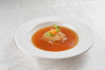 double boiled luxury seafood shark's fin crab meat and mushroom thick soup in hot clay pot asian premium halal menu