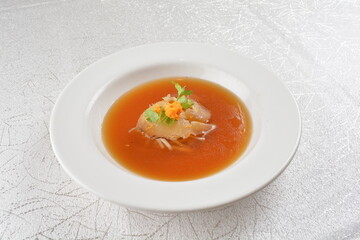 double boiled luxury seafood shark's fin crab meat and mushroom thick soup in hot clay pot asian premium halal menu