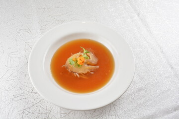 double boiled luxury seafood shark's fin crab meat and mushroom thick soup in hot clay pot asian premium halal menu