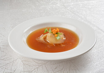 double boiled luxury seafood shark's fin crab meat and mushroom thick soup in hot clay pot asian premium halal menu