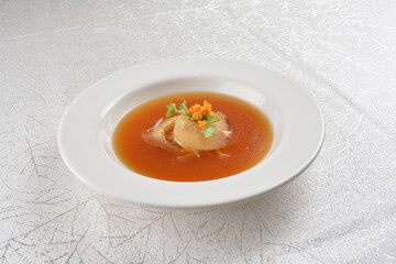 double boiled luxury seafood shark's fin crab meat and mushroom thick soup in hot clay pot asian premium halal menu