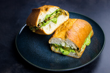 Delicious vegan sandwich with mushrooms onion avocado cashew 