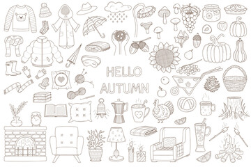 A set of decorative elements. Cozy autumn. Warm clothing, forest, harvest, interior items. Design collection of outline doodles. Black white vector illustration. Isolated on a white background