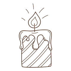 Decorative candle in stripes. A burning fire. Cozy home. Decorative design element with an outline. Doodle, hand-drawn. Black white vector illustration. Isolated on a white background.