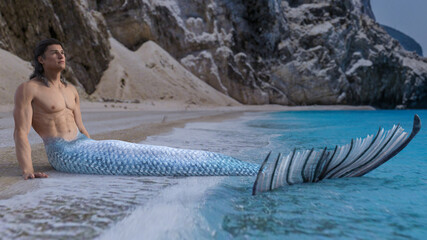 3D render : a merman creature is sitting on  the beach