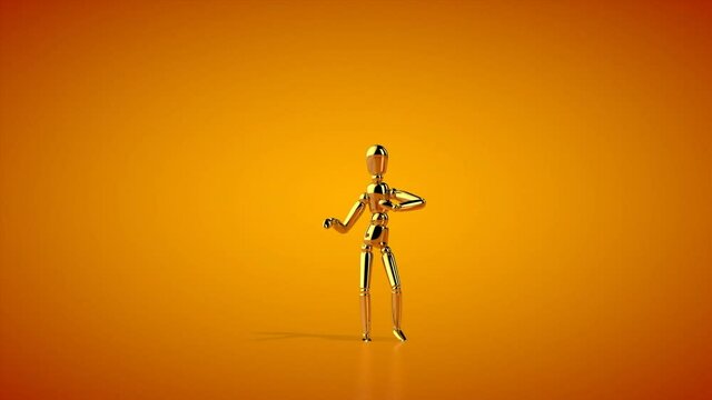 Funny golden mannequin doing mambo side step dance, seamless loop, orange studio