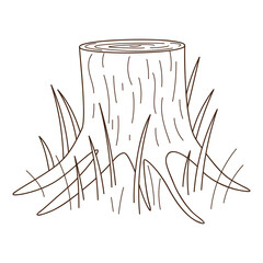 A stump of a tree. Forest, nature. Decorative element with an outline. Doodle, hand-drawn. Black white vector illustration. Isolated on a white background