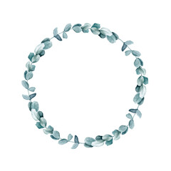 Watercolor wreath of eucalyptus branches. Isolated clipart element on white background