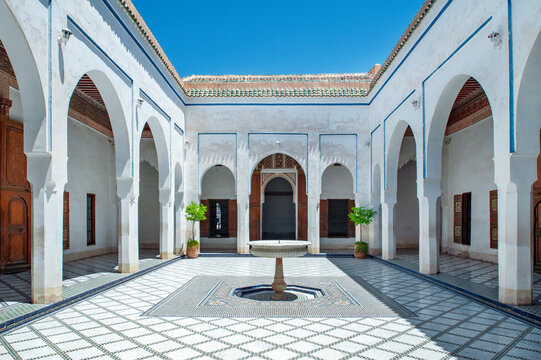 Bahia Palace in Marrakech, Morocco, exquisite historical site in traditional Islamic architecture, with large rooms, patios and the Small Courtyard with mosaic floors and water fountains