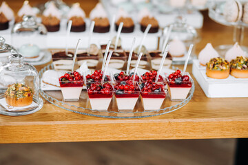 Candy bar. Beautiful multi colored decorated candy table baked sweet tasty cupcake cupcakes on a party. Beautifully decorated catering banquet table with different candy sweet delicacy.