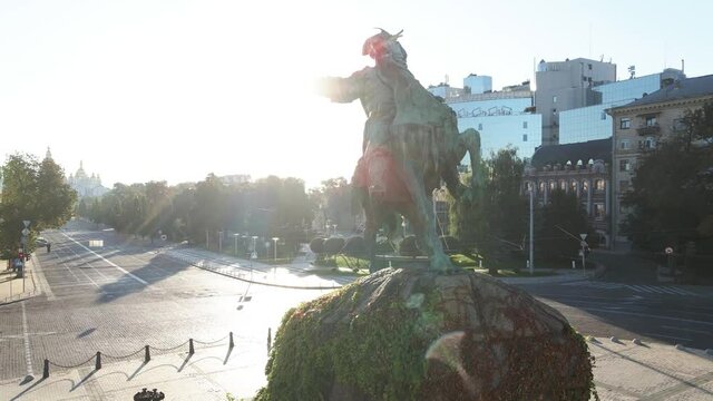 Kyiv, Ukraine: Monument to Bogdan Khmelnitsky in the morning at dawn. Aerial view.