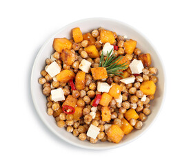 Plate with delicious fresh chickpea salad isolated on white, top view