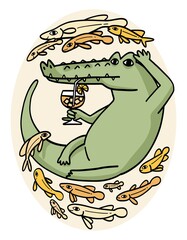 hand drawn cartoon character of crocodile and fish.