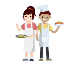 Woman in white apron holding frying pan with pancakes. Man preparing delicious Breakfast. Housewife at work. Cute smiling wife in kitchen. Cartoon flat illustration. Family couple.