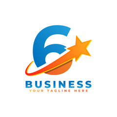 Number 6 with Star Swoosh Logo Design. Suitable for Start up, Logistic, Business Logo Template