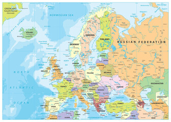 Europe Political Map and Bathymetry - obrazy, fototapety, plakaty
