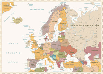 Europe Political Map. Retro Colors