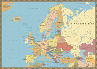 Europe Political Map. Vintage Colors