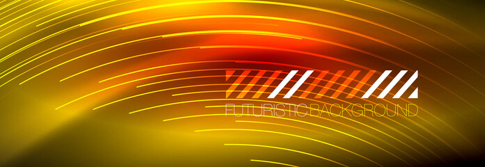 Neon glowing lines, magic energy and light motion background. Vector wallpaper template