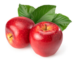 Fresh Red Apple with leaves isolated on white background, Red Royal Gala apple on white background With clipping path.